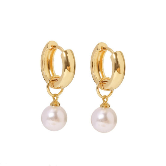 Picture of 1 Pair Simple Multicolor Stainless Steel Imitation Pearl Earrings For Women 3cm x 1.7cm