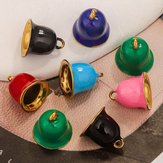 Picture of 1 Piece Vacuum Plating 304 Stainless Steel Charms Gold Plated Christmas Jingle Bell Enamel 13.5mm x 13.5mm