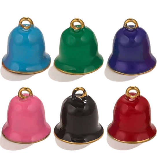 Picture of 1 Piece Vacuum Plating 304 Stainless Steel Charms Gold Plated Christmas Jingle Bell Enamel 13.5mm x 13.5mm