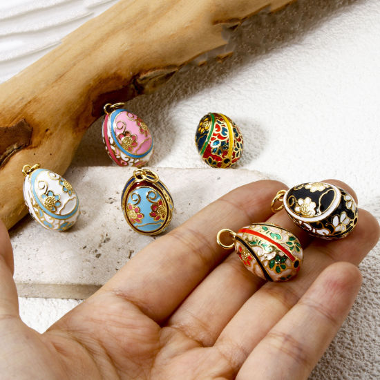 Bild von Messing Ostertag Charms 18K Vergoldet Ei Blumen Emaille 28mm x 15.5mm