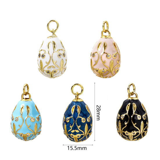 Picture of 1 Piece Brass Easter Day Charms 18K Gold Plated Egg Flower Vine Enamel Clear Cubic Zirconia 28mm x 15.5mm