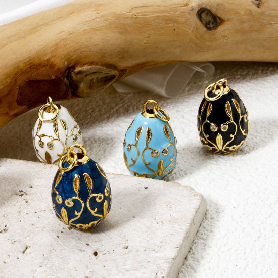 Picture of 1 Piece Brass Easter Day Charms 18K Gold Plated Egg Flower Vine Enamel Clear Cubic Zirconia 28mm x 15.5mm