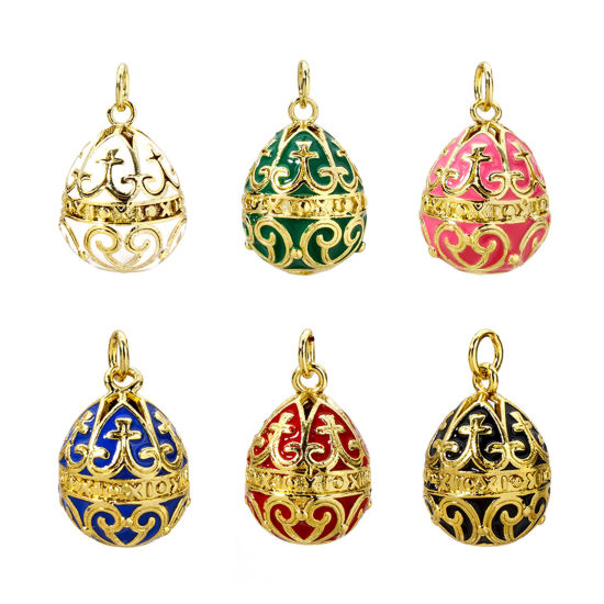 Picture of 1 Piece Brass Easter Day Charms 18K Gold Plated Egg Carved Pattern Enamel 26mm x 15.5mm