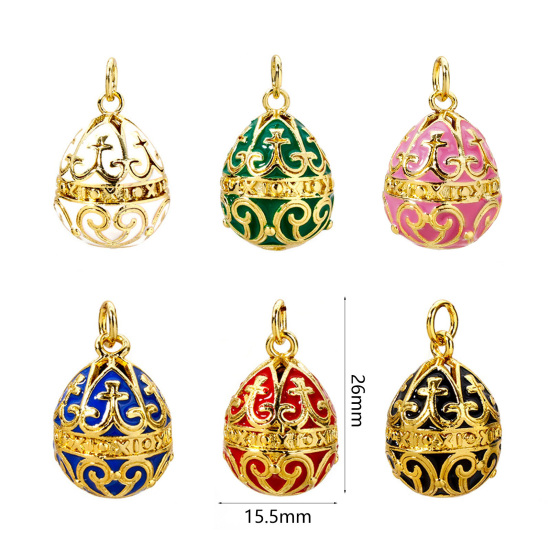 Picture of 1 Piece Brass Easter Day Charms 18K Gold Plated Egg Carved Pattern Enamel 26mm x 15.5mm