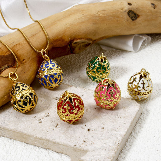 Picture of 1 Piece Brass Easter Day Charms 18K Gold Plated Egg Carved Pattern Enamel 26mm x 15.5mm