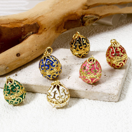 Picture of 1 Piece Brass Easter Day Charms 18K Gold Plated Egg Carved Pattern Enamel 26mm x 15.5mm