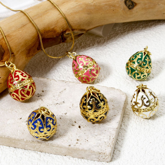 Picture of 1 Piece Brass Easter Day Charms 18K Gold Plated Egg Carved Pattern Enamel 26mm x 15.5mm