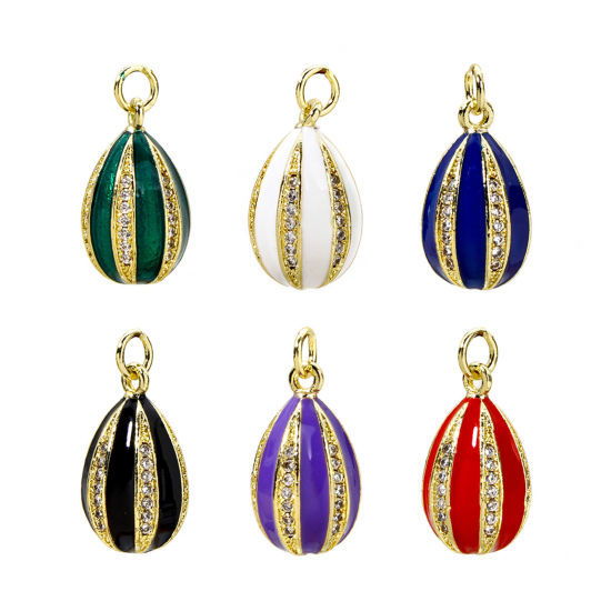 Picture of 1 Piece Brass Easter Day Charms 18K Gold Plated Egg Stripe Enamel Clear Cubic Zirconia 22mm x 10mm