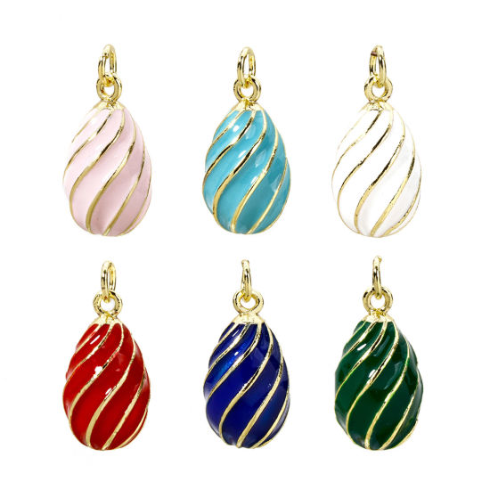 Picture of 1 Piece Brass Easter Day Charms 18K Gold Plated Egg Spiral Enamel 22mm x 11mm