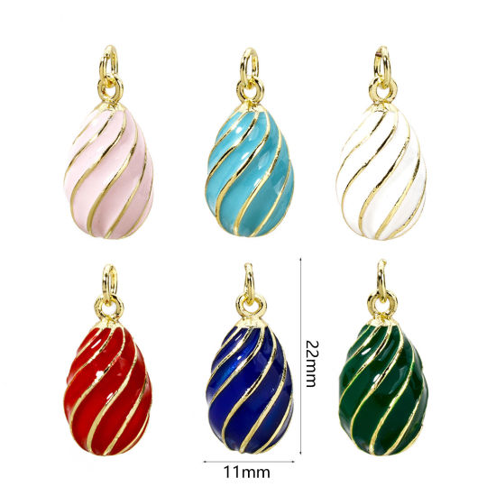 Picture of 1 Piece Brass Easter Day Charms 18K Gold Plated Egg Spiral Enamel 22mm x 11mm