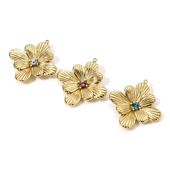 Изображение 1 ШТ Экологичное вакуумное PVD-покрытие 304 Нержавеющая Сталь Коллекция Флоры Подвески Ромб 14K настоящее золото с покрытием Цветок Трехмерный Разноцветный Горный Хрусталь 26мм x 24мм