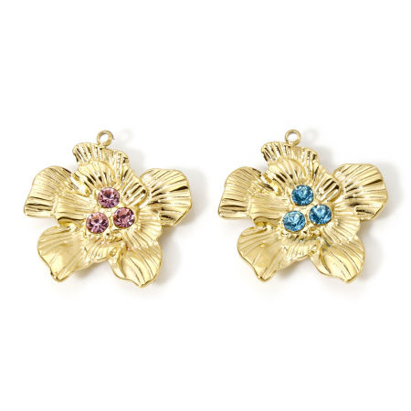 Umweltfreundliche PVD-Vakuumbeschichtung 304 Edelstahl Flora Kollektion Charms Blumen 14K Echtgold plattiert Bunt Strass 24mm x 24mm