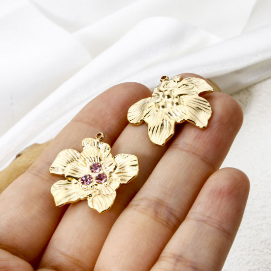 Изображение 1 ШТ Экологичное вакуумное PVD-покрытие 304 Нержавеющая Сталь Коллекция Флоры Подвески Цветы 14K настоящее золото с покрытием Разноцветный Горный Хрусталь 24мм x 24мм