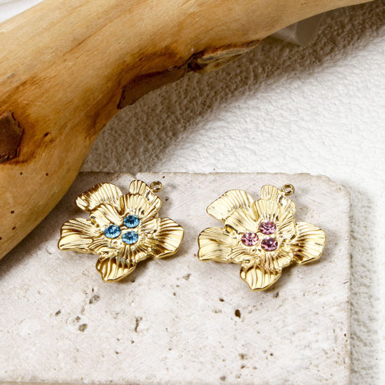 Изображение 1 ШТ Экологичное вакуумное PVD-покрытие 304 Нержавеющая Сталь Коллекция Флоры Подвески Цветы 14K настоящее золото с покрытием Разноцветный Горный Хрусталь 24мм x 24мм