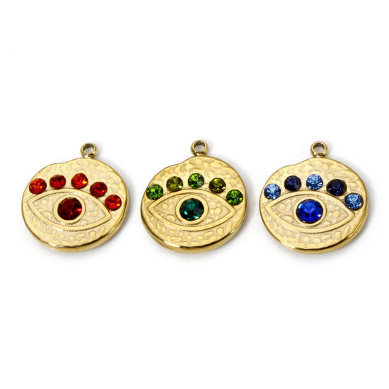 Imagen de 1 Unidad Recubrimiento al Vacío PVD Ecológico 304 Acero Inoxidable Religión Colgantes Ronda 14K Oro Real Chapado Ojo Multicolor Rhinestone 16mm x 14mm