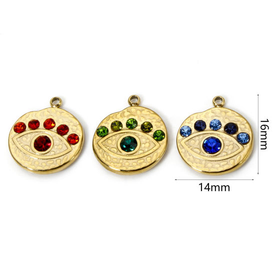 Imagen de 1 Unidad Recubrimiento al Vacío PVD Ecológico 304 Acero Inoxidable Religión Colgantes Ronda 14K Oro Real Chapado Ojo Multicolor Rhinestone 16mm x 14mm