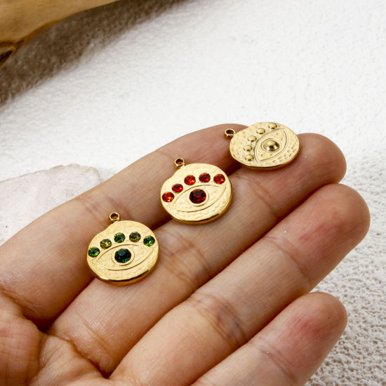 Imagen de 1 Unidad Recubrimiento al Vacío PVD Ecológico 304 Acero Inoxidable Religión Colgantes Ronda 14K Oro Real Chapado Ojo Multicolor Rhinestone 16mm x 14mm