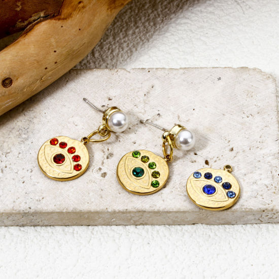 Imagen de 1 Unidad Recubrimiento al Vacío PVD Ecológico 304 Acero Inoxidable Religión Colgantes Ronda 14K Oro Real Chapado Ojo Multicolor Rhinestone 16mm x 14mm