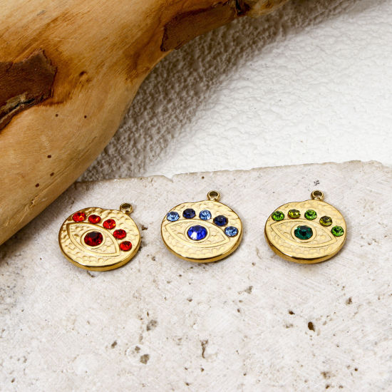 Imagen de 1 Unidad Recubrimiento al Vacío PVD Ecológico 304 Acero Inoxidable Religión Colgantes Ronda 14K Oro Real Chapado Ojo Multicolor Rhinestone 16mm x 14mm