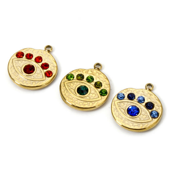 Imagen de 1 Unidad Recubrimiento al Vacío PVD Ecológico 304 Acero Inoxidable Religión Colgantes Ronda 14K Oro Real Chapado Ojo Multicolor Rhinestone 16mm x 14mm