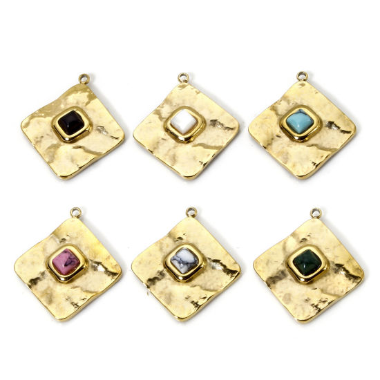 Bild von 1 Piece Eco-friendly PVD Vacuum Plating 304 Stainless Steel Charms 14K Real Gold Plated Multicolor Rhombus With Synthetic Gemstone Cabochons 24.5mm x 22mm