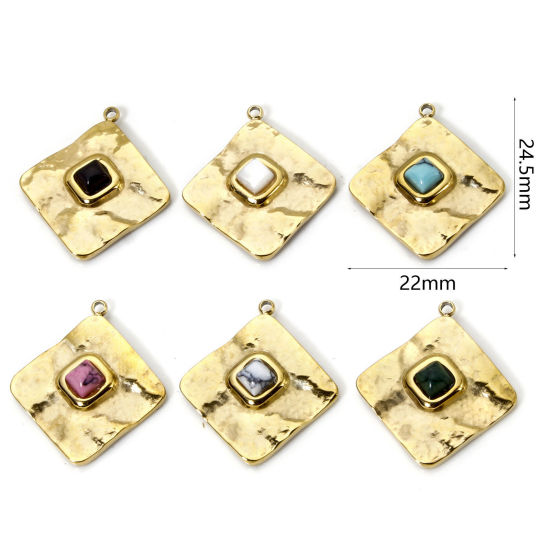 Bild von 1 Piece Eco-friendly PVD Vacuum Plating 304 Stainless Steel Charms 14K Real Gold Plated Multicolor Rhombus With Synthetic Gemstone Cabochons 24.5mm x 22mm