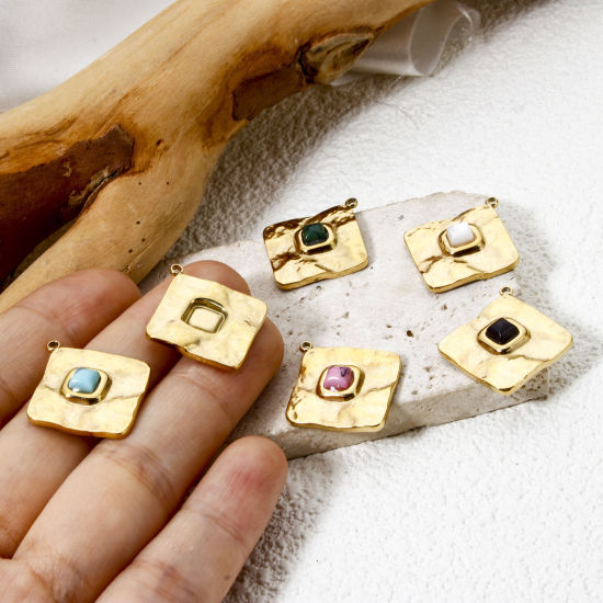 Bild von 1 Piece Eco-friendly PVD Vacuum Plating 304 Stainless Steel Charms 14K Real Gold Plated Multicolor Rhombus With Synthetic Gemstone Cabochons 24.5mm x 22mm