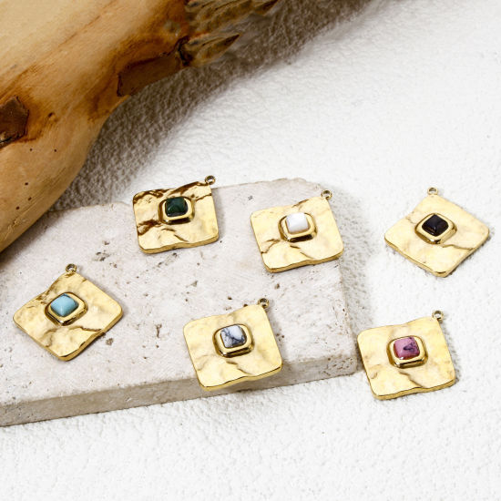 Bild von 1 Piece Eco-friendly PVD Vacuum Plating 304 Stainless Steel Charms 14K Real Gold Plated Multicolor Rhombus With Synthetic Gemstone Cabochons 24.5mm x 22mm