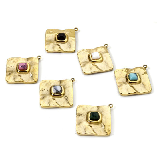 Bild von 1 Piece Eco-friendly PVD Vacuum Plating 304 Stainless Steel Charms 14K Real Gold Plated Multicolor Rhombus With Synthetic Gemstone Cabochons 24.5mm x 22mm