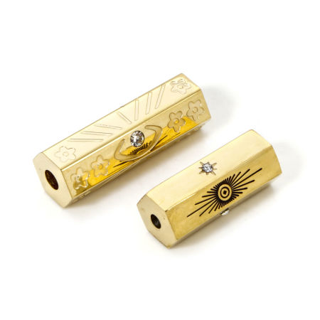 Eco-friendly PVD Vacuum Plating 304 Stainless Steel Beads For DIY Jewelry Making 14K Real Gold Plated Hexagonal Prism Clear Rhinestone