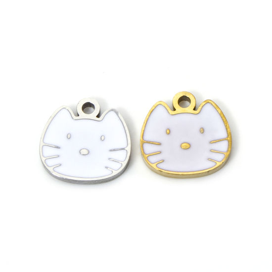 Immagine di 2 Pz Placcatura Sottovuoto PVD Ecologica 304 Acciaio Inossidabile Ciondoli Gatto Multicolore Smalto 10mm x 10mm