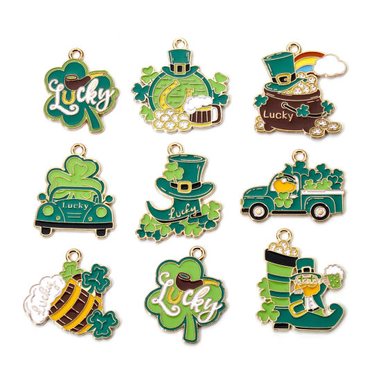 Picture of 10 PCs Zinc Based Alloy St Patrick's Day Charms Gold Plated Green Enamel