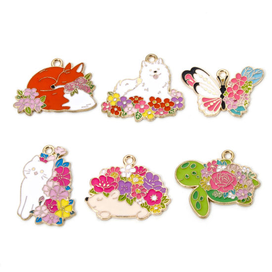 Picture of 10 PCs Zinc Based Alloy Charms Gold Plated Multicolor Animal Flower Enamel