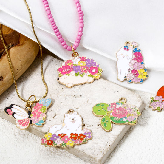 Picture of 10 PCs Zinc Based Alloy Charms Gold Plated Multicolor Animal Flower Enamel