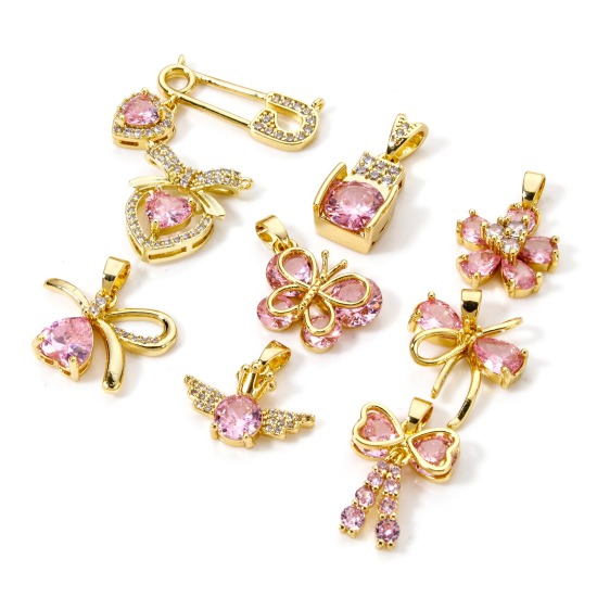 Picture of 2 PCs Brass Valentine's Day Charm Pendant Real Gold Plated Pink Cubic Zirconia