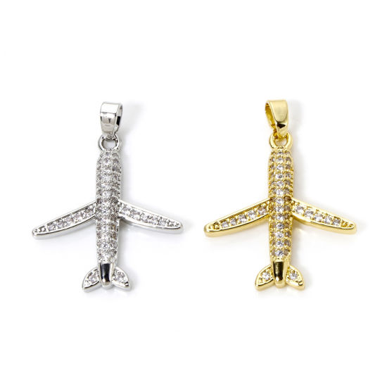 Picture of 2 PCs Brass Transport Charm Pendant Multicolor Airplane Micro Pave Clear Cubic Zirconia 29mm x 21mm