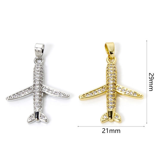 Picture of 2 PCs Brass Transport Charm Pendant Multicolor Airplane Micro Pave Clear Cubic Zirconia 29mm x 21mm