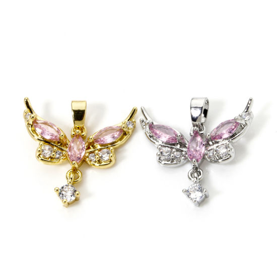 Picture of 2 PCs Brass Charm Pendant Multicolor Butterfly Animal Pink Cubic Zirconia 20mm x 20mm