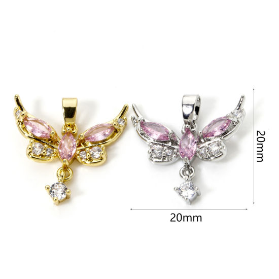 Picture of 2 PCs Brass Charm Pendant Multicolor Butterfly Animal Pink Cubic Zirconia 20mm x 20mm