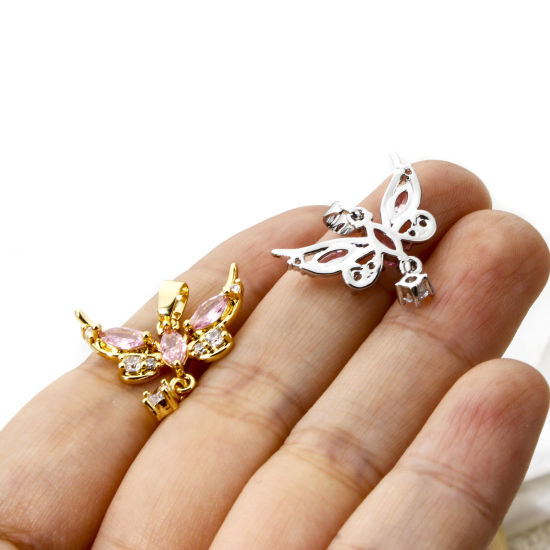 Picture of 2 PCs Brass Charm Pendant Multicolor Butterfly Animal Pink Cubic Zirconia 20mm x 20mm