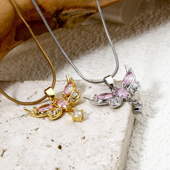 Picture of 2 PCs Brass Charm Pendant Multicolor Butterfly Animal Pink Cubic Zirconia 20mm x 20mm