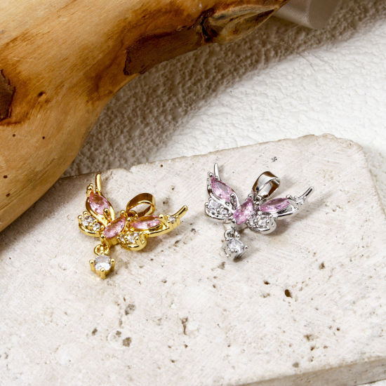 Picture of 2 PCs Brass Charm Pendant Multicolor Butterfly Animal Pink Cubic Zirconia 20mm x 20mm