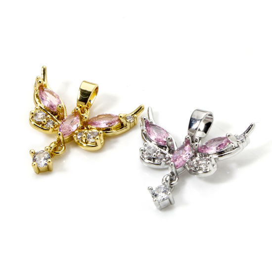 Picture of 2 PCs Brass Charm Pendant Multicolor Butterfly Animal Pink Cubic Zirconia 20mm x 20mm