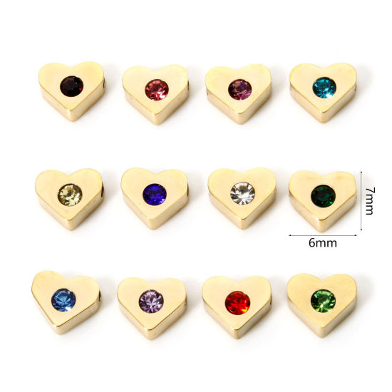 Picture of 2 PCs Eco-friendly PVD Vacuum Plating 304 Stainless Steel Birthstone Beads For DIY Jewelry Making Heart 14K Gold Plated 7mm x 6mm, Hole: Approx 1.2mm