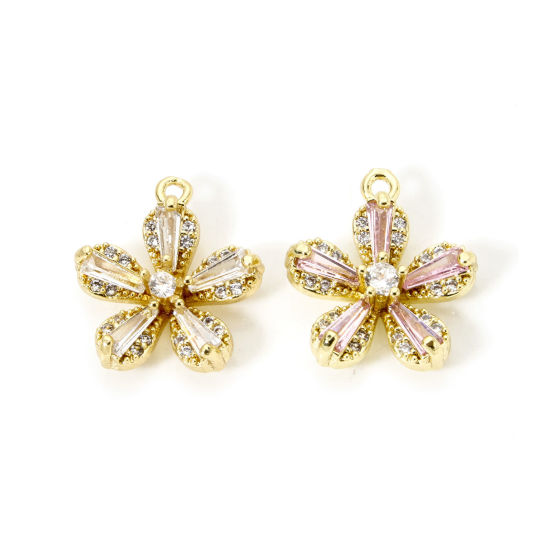 Picture of 2 PCs Brass Charms 18K Gold Plated Flower Micro Pave Clear Cubic Zirconia 16mm x 14mm