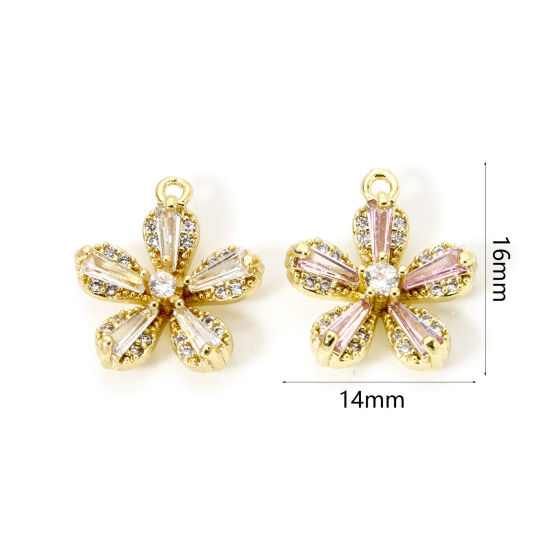 Picture of 2 PCs Brass Charms 18K Gold Plated Flower Micro Pave Clear Cubic Zirconia 16mm x 14mm