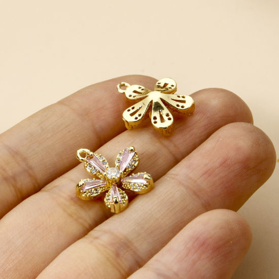 Picture of 2 PCs Brass Charms 18K Gold Plated Flower Micro Pave Clear Cubic Zirconia 16mm x 14mm