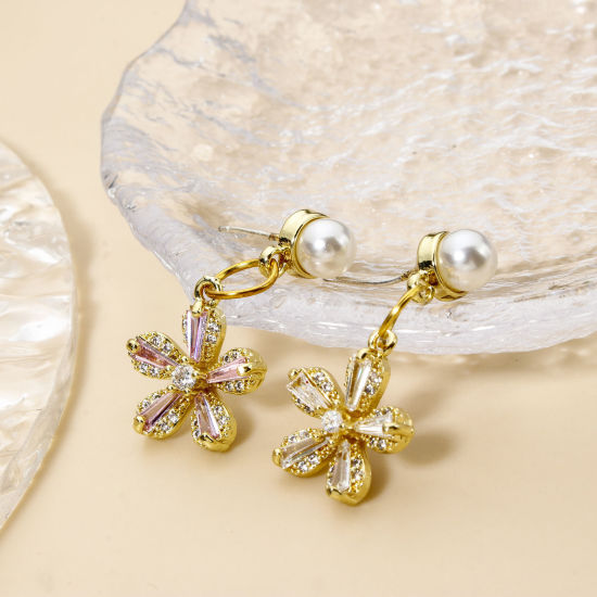 Picture of 2 PCs Brass Charms 18K Gold Plated Flower Micro Pave Clear Cubic Zirconia 16mm x 14mm