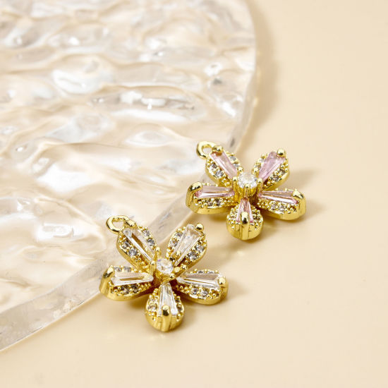 Picture of 2 PCs Brass Charms 18K Gold Plated Flower Micro Pave Clear Cubic Zirconia 16mm x 14mm