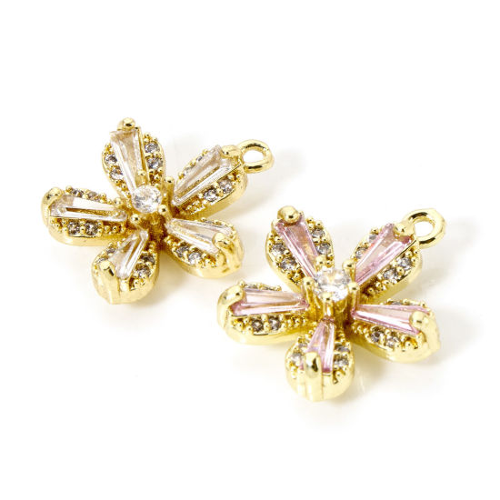 Picture of 2 PCs Brass Charms 18K Gold Plated Flower Micro Pave Clear Cubic Zirconia 16mm x 14mm